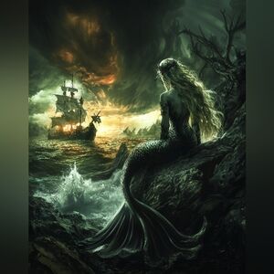 Mystical Mermaid Art Print - Green and Black